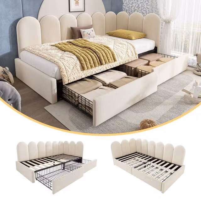 BTM Velvet Daybed with Storage Drawer in Beige, W/D/H: 190 x 90 x 76 cm – 1