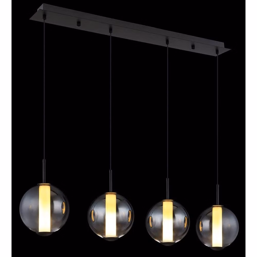 Netlighting Lacy Bar Pendant Light in Matt Black with Smoke Glass Shades, 4x LED 3000K Warm White, W/D/H: 120 x 44 x 18 cm – 3