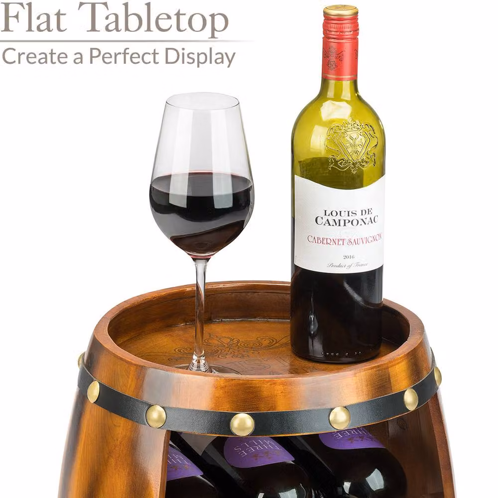 Christow Barrel Wine Rack, Brown Wooden Free Standing 8 Bottle Holder with Shelf, Height: 50 cm – 4