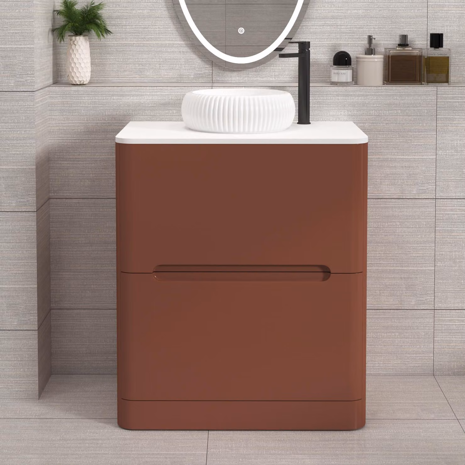 Royal Bathrooms Venice 700mm Terracotta Clay Floor Standing 2 Drawer Vanity Unit with White Worktop and Milan Basin