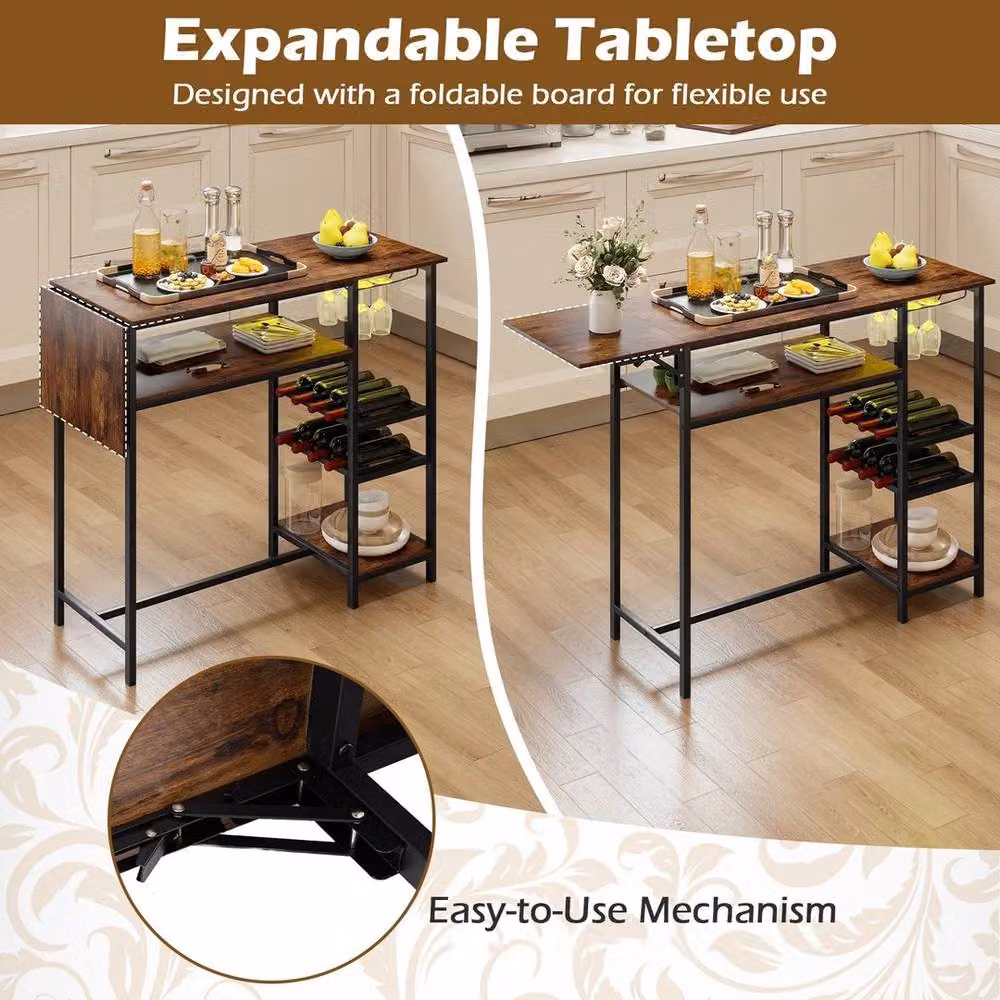NESTLUNE Brown Counter Height Bar Table with Foldable Drop Leaf Top and Bottle Holders, W: 100 cm, D: 15 cm, H: 95 cm – 4