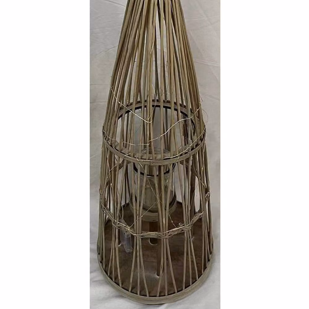 Lemon Pavilion Furniture and Decor Large Conical Floor Lantern in Brown with Glass Holder and LED Light, W32 x D32 x H130 cm – 2