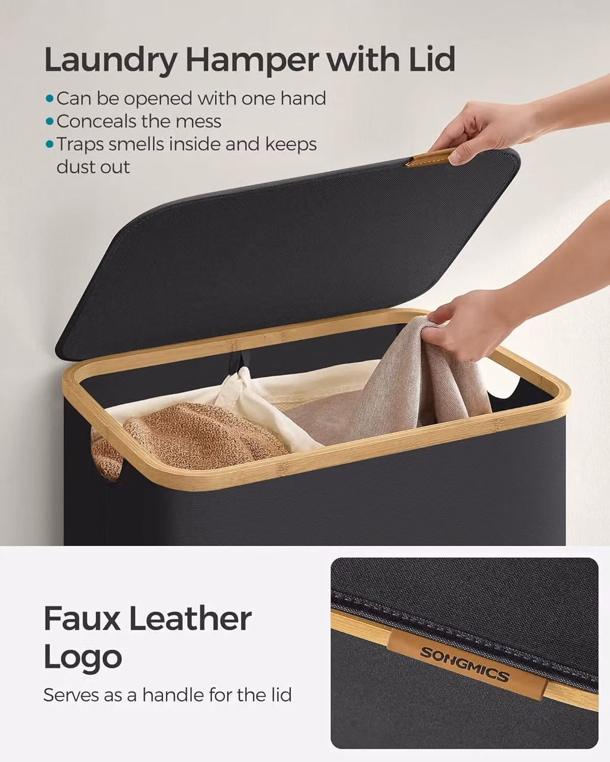 SONGMICS Large 2-Section Collapsible Laundry Hamper with Bamboo Handles in Black – 4