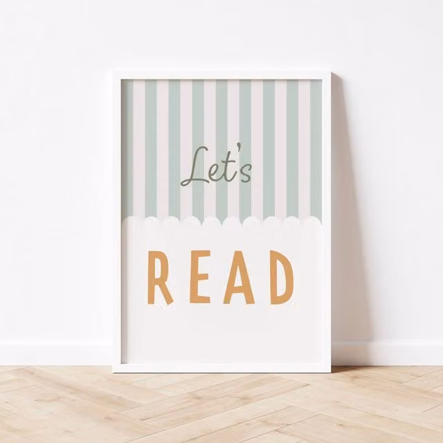 Autumns Corner Let's Read Stripy Edition Typography Paper Poster in Sage and Mustard, A3