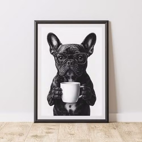 60 Second Makeover Funny French Bulldog Drinking Coffee Paper Poster, A3