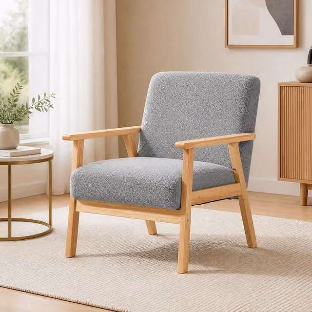 STILVORA Grey Bouclé Armchair with Solid Wood Frame and Armrests – 1