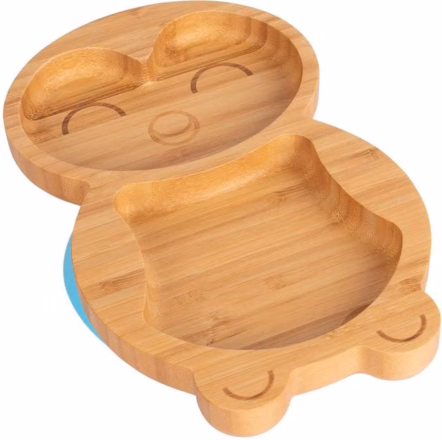 Tiny Dining Children's Bamboo Divided Suction Penguin Dinner Plate in Blue and Brown