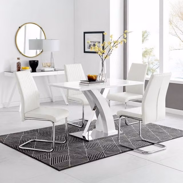 FurnitureboxUK Atlanta White High Gloss Rectangular Dining Table with X-Frame Legs and 4 Lorenzo Faux Leather Chairs Set – 1