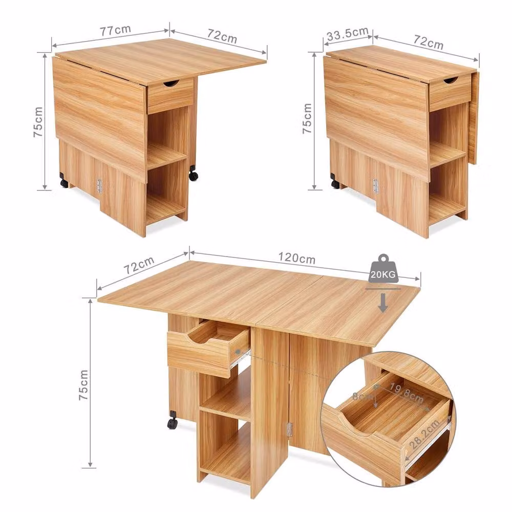 KORVIXA Red Oak Folding Drop Leaf Dining Table with Castors, Brown, W: 100 cm, D: 72 cm, H: 75 cm – 2