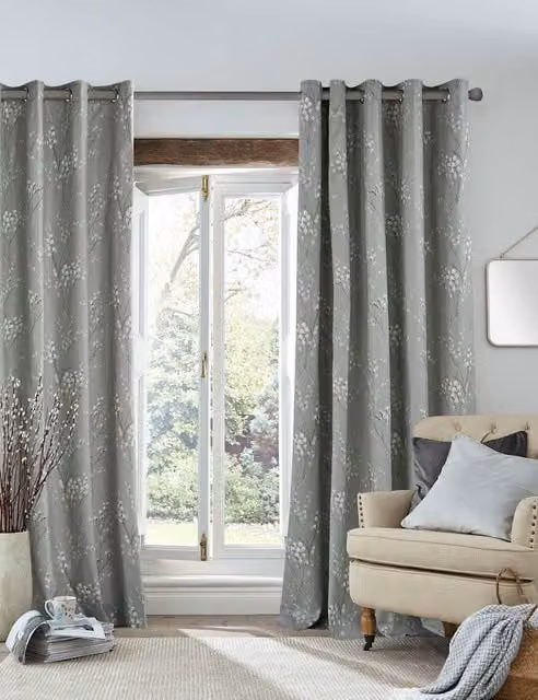 Laura Ashley Pussy Willow Floral Eyelet Curtains, Grey, W: 168 cm, H: 137 cm