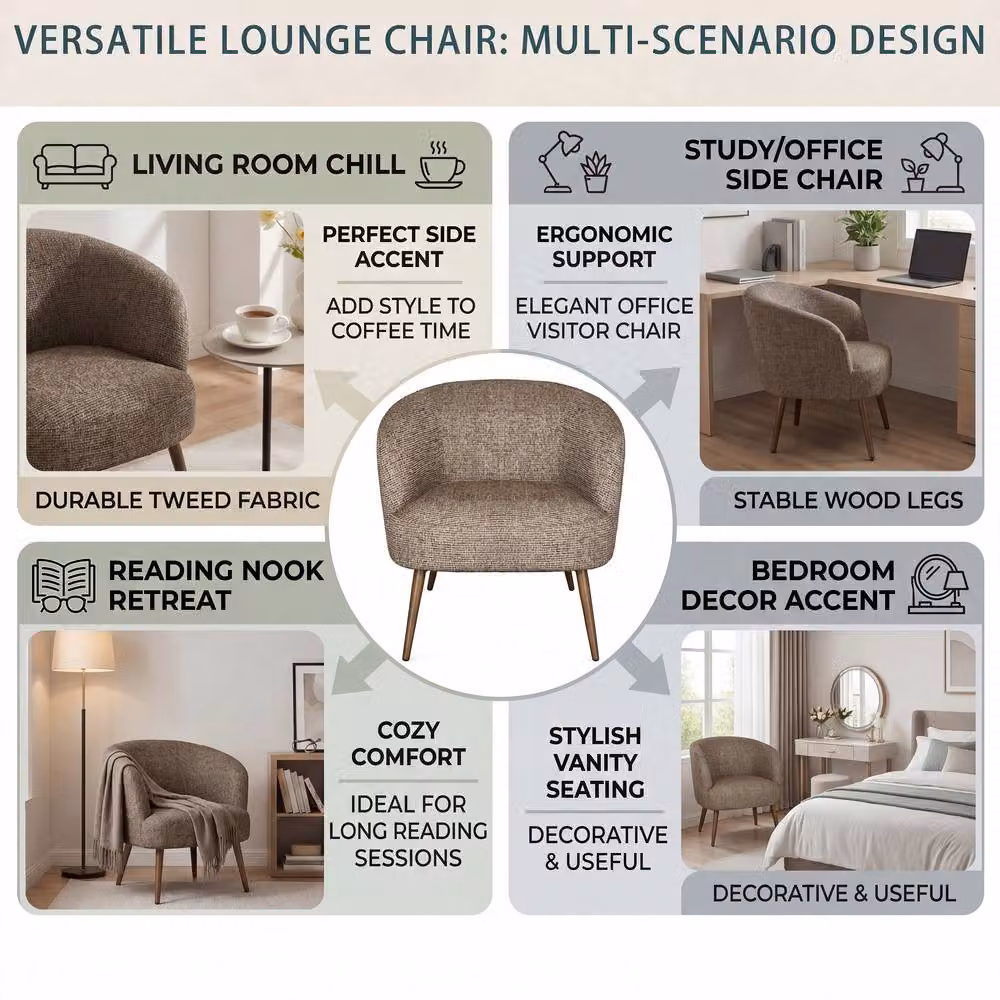 SONARA Mid Century Curved Barrel Accent Chair in Brown Fabric with Metal Frame – 4
