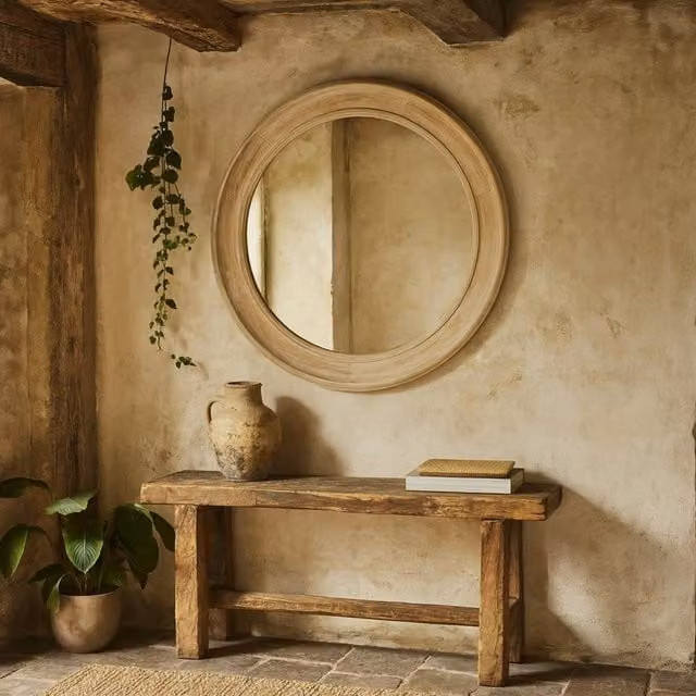 Wyld Haus Round Rustic Washed Wood Wall Mirror in Natural White, Diameter: 90 cm