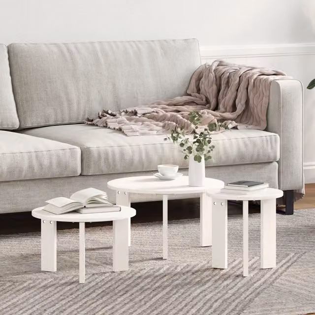 Berkfield Home 3-Piece Round Nested Coffee Table Set in White Solid Pine Wood