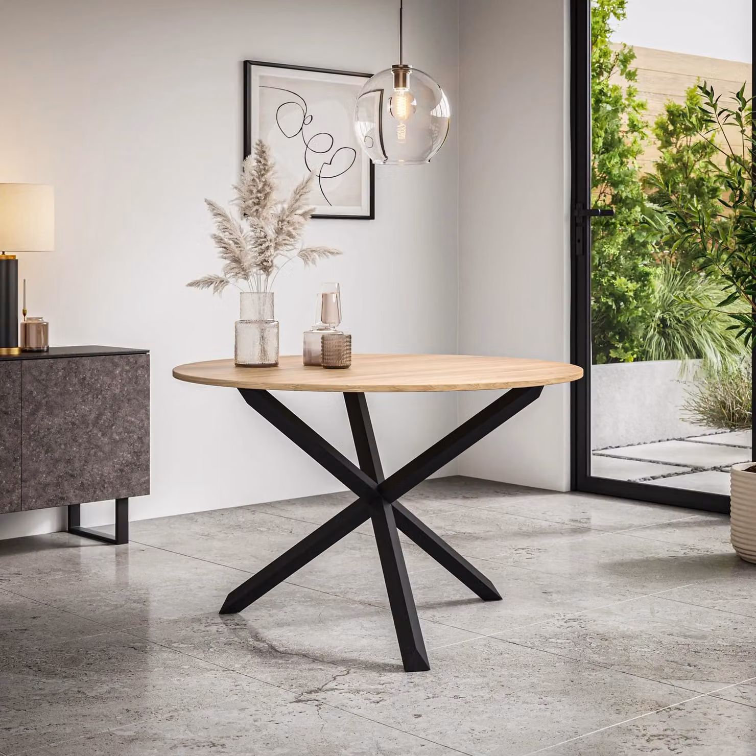 More4Homes Malvern Round Dining Table and Set of 4 Monza Faux Leather Chairs, Oak Top with Black Legs – 1