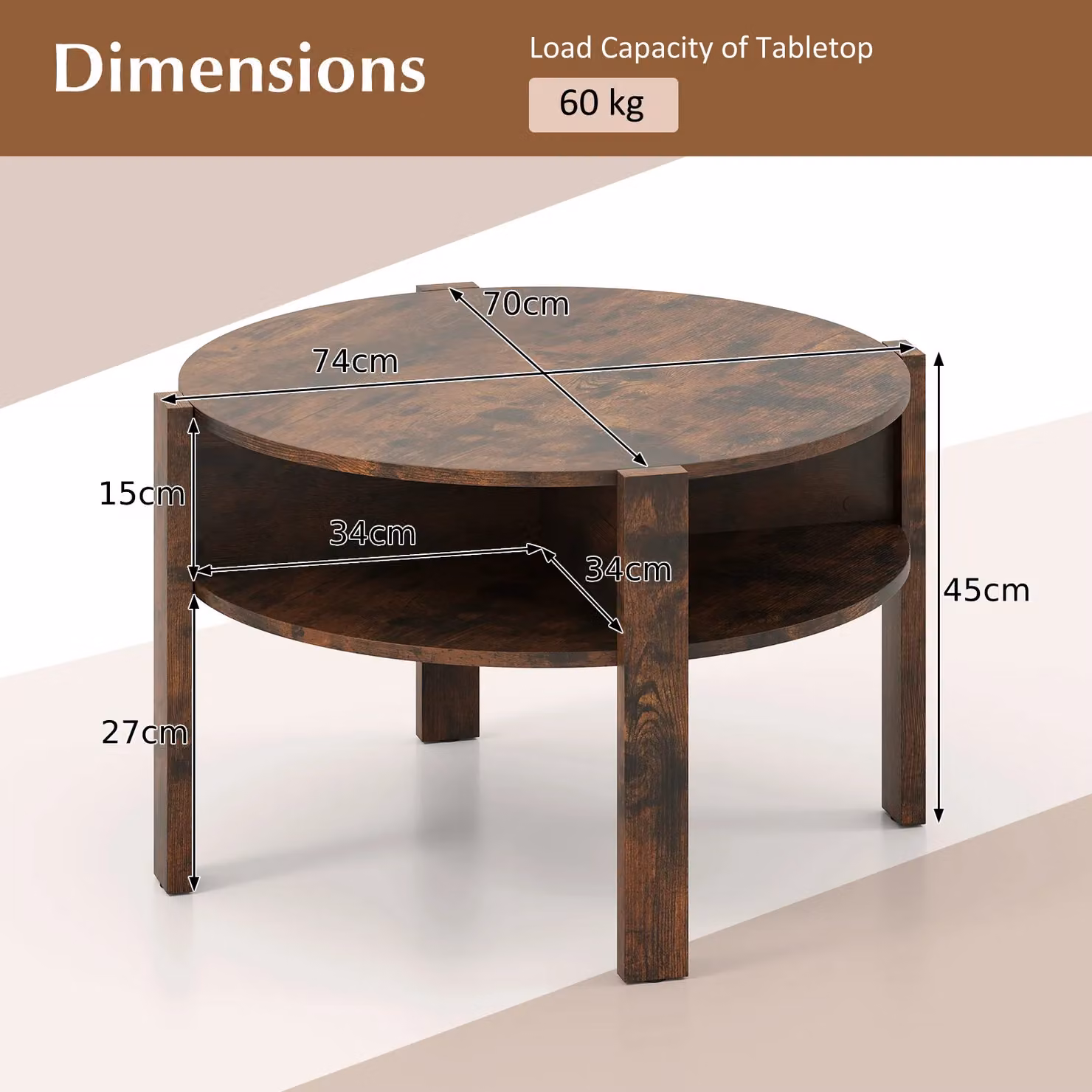 Gymax 2-Tier Round Wood Coffee Table with Storage in Brown – 2