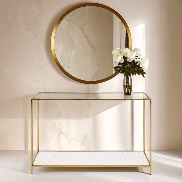 Orsina Modern Gold Frame Console Table with Terrazzo Effect and White Glass Top