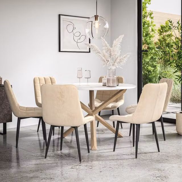 More4Homes Malvern Round Marble Effect Dining Table Set with Oak Legs and 6 Beige Nova Velvet Chairs