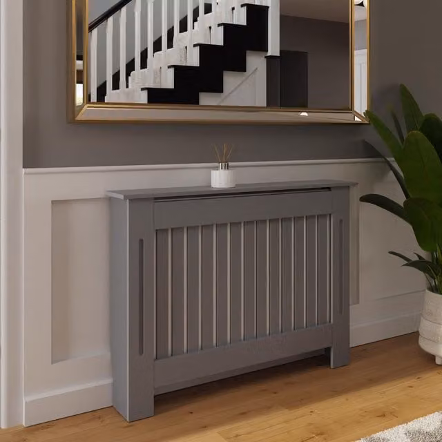 FWStyle Grey Vertical Slat MDF Radiator Cover with Top Shelf Storage