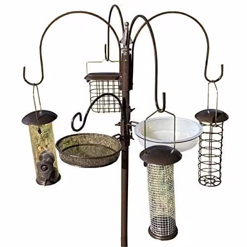 Selections Metal Bird Feeding Station with 4 Feeders, Water Dish and Mesh Tray in Bronze