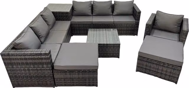 Fimous 9-Seater Dark Grey Rattan Garden Corner Sofa Set with Coffee Table and Ottoman