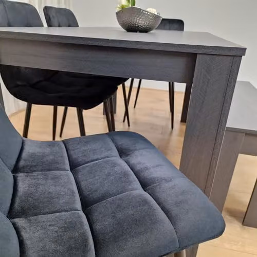 KOSY KOALA Modern 6 Seater Dining Set with Rectangular Dark Grey Table, 4 Black Velvet Chairs and 1 Bench, W/D/H: 140 x 80 x 75 cm – 5