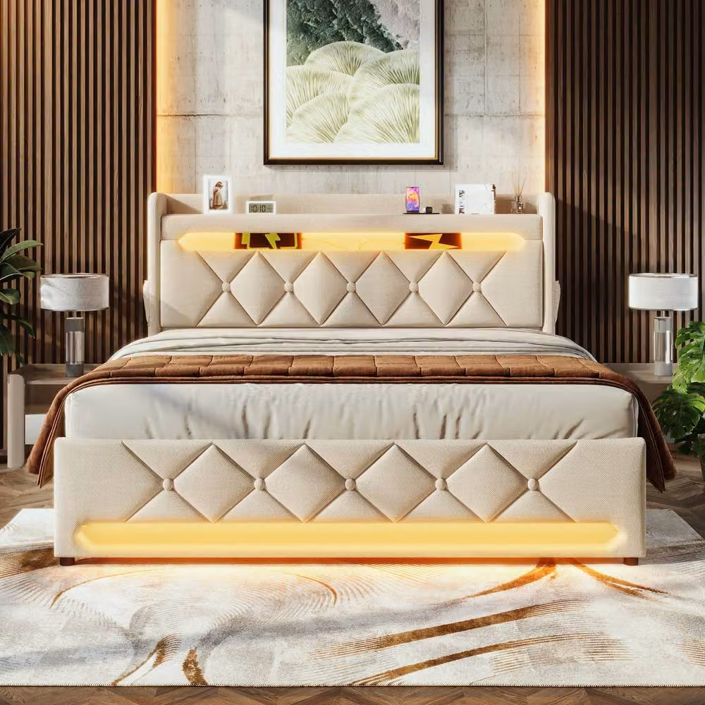 BTM Double Ottoman Bed in Beige with LED Lighting, USB Charging Port and Storage Headboard, W/D/H: 140 x 200 x 156 cm – 8