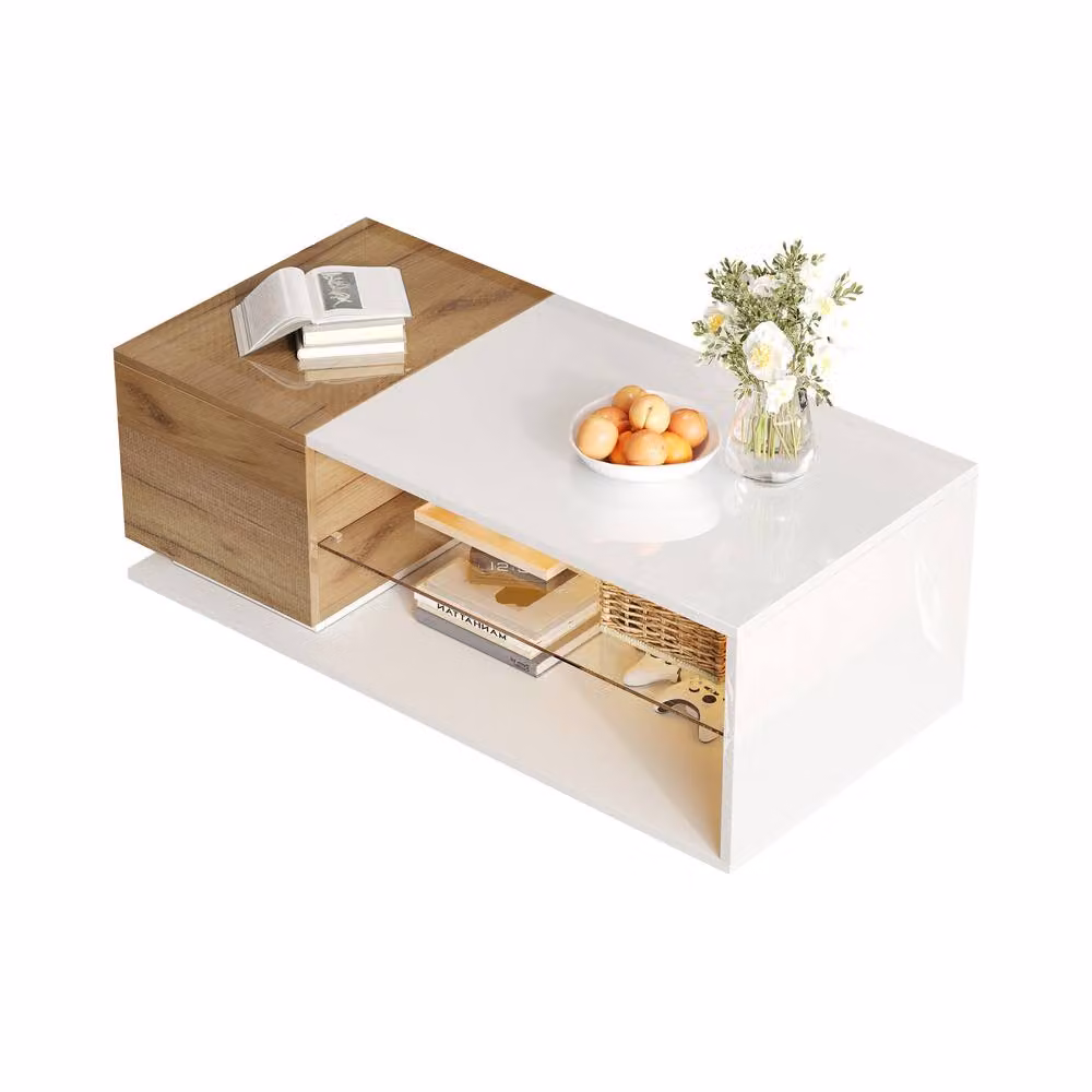 BTM Modern Rectangular Coffee Table with Storage and Lift Mechanism in White and Glass, W/D/H: 105 x 50 x 36 cm – 3