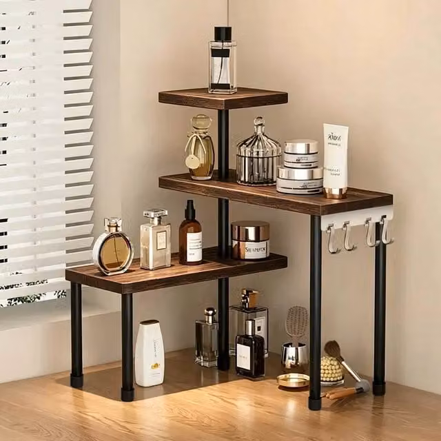 EONLION 3 Tier Corner Shelf Organiser Spice Storage Rack in Brown, H 100 cm x W 43 cm x D 100 cm