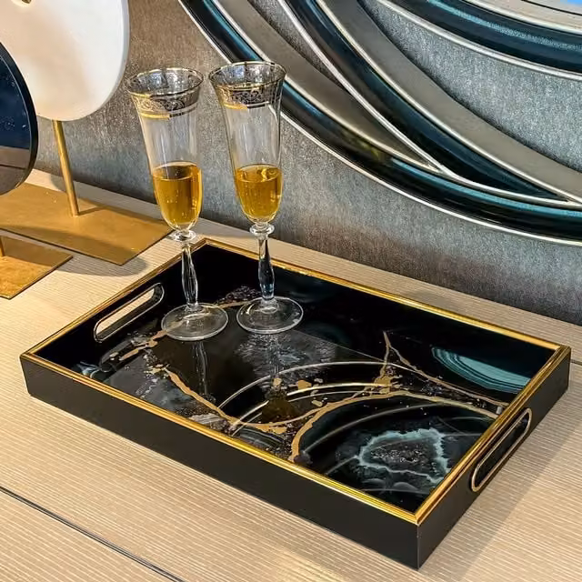 Maison Des Cadeaux Modern Rectangular Agate Theme Decor Tray in Black and Turquoise