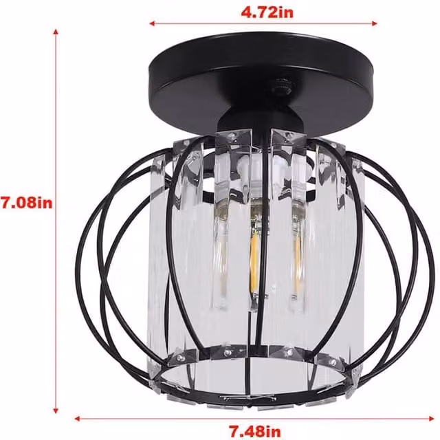 PAWNORA E27 Small Lantern Ceiling Light in Black with Transparent Glass and Aluminium Metal Finish