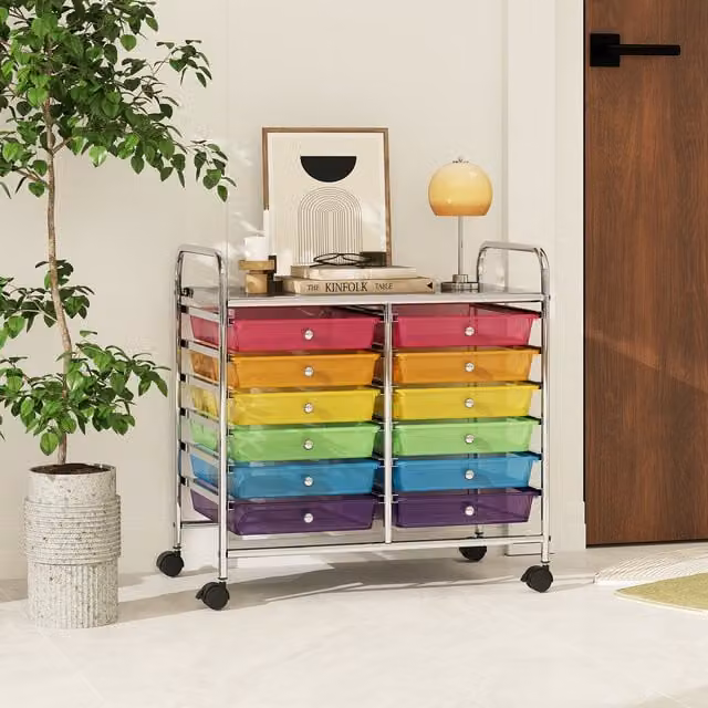 Costway 12-Drawer Utility Storage Cart with Castors, Transparent Multicolour