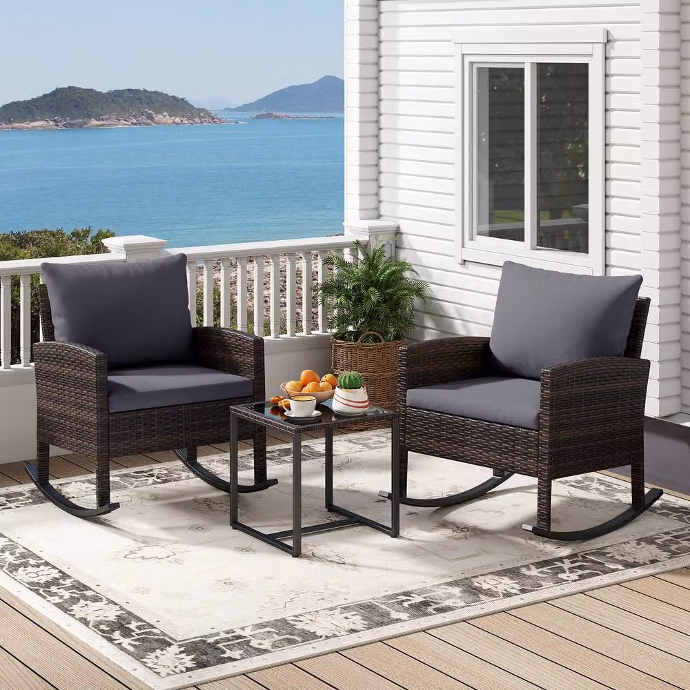 Gymax 3-Piece Grey Rattan Rocking Bistro Set with Glass Coffee Table – 4