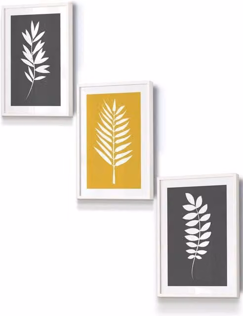 ARTZE Grey and Yellow Graphical Leaves Framed Wall Art in White, W: 33 cm, H: 45 cm, D: 0.2 cm
