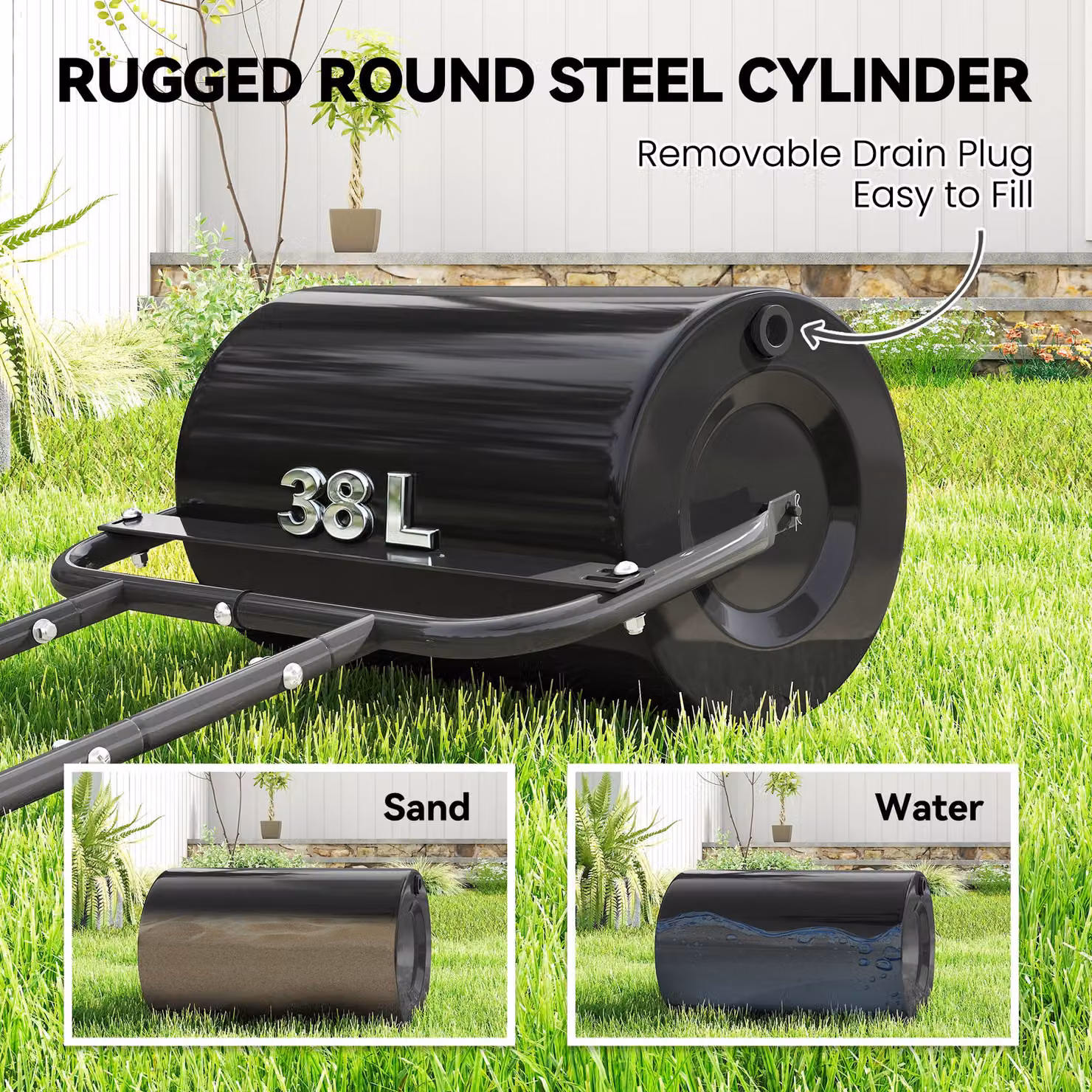 Outsunny Black Steel Fillable Cylinder Lawn Roller, 38L – 3