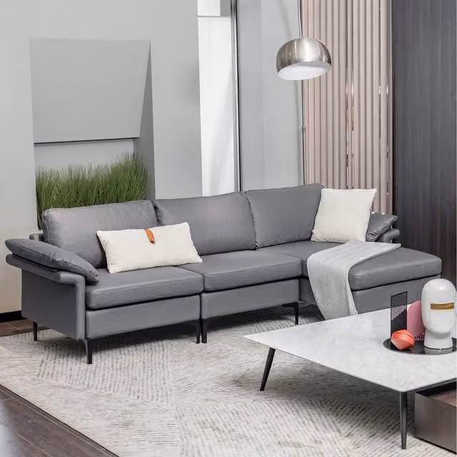 Costway Grey L-Shaped Modular Sofa Set with Reversible Fabric and Synthetic Leather Upholstery, USB Charging and Scatter Cushions