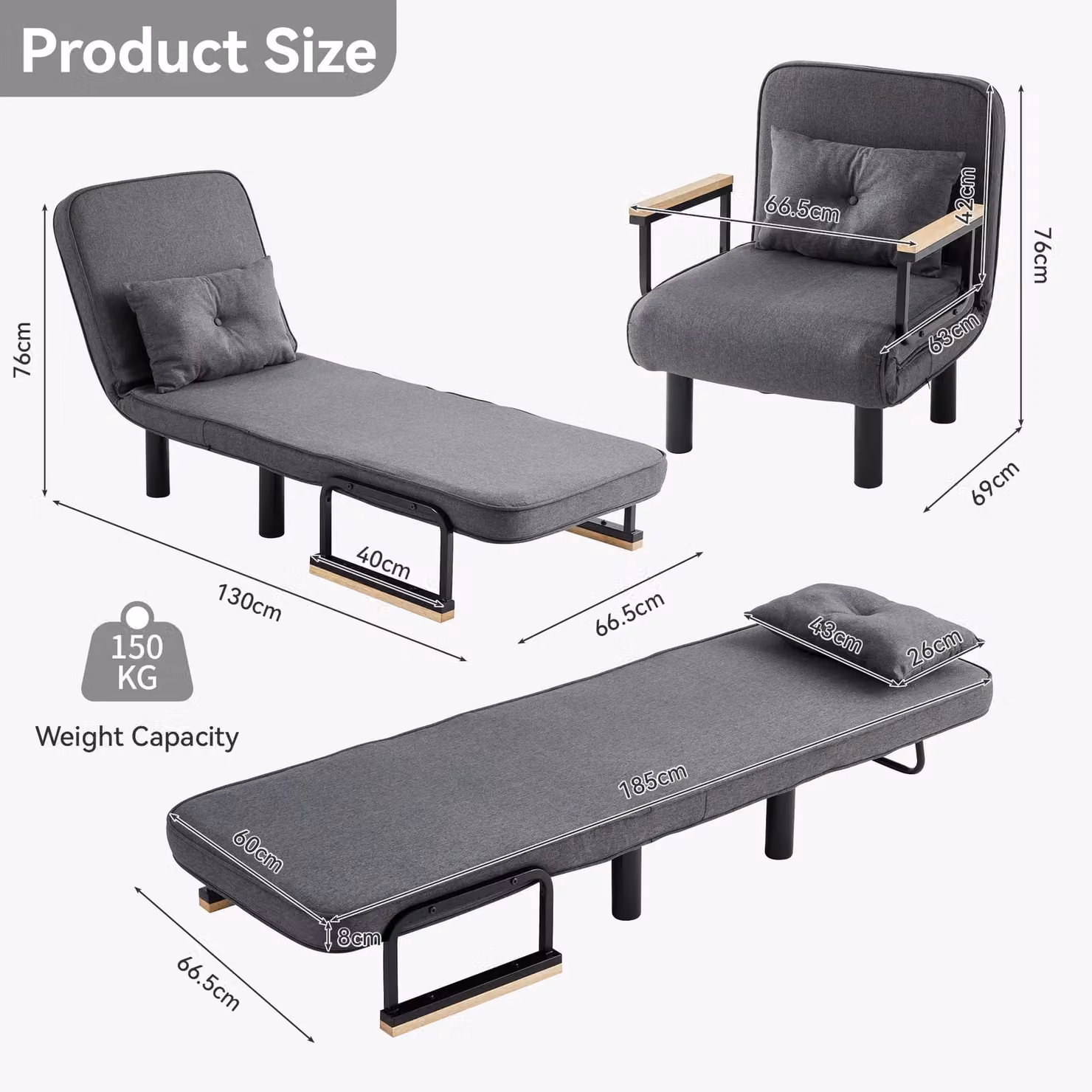 MCC Direct 4 in 1 Folding Single Sofa Bed Convertible Lounge Sleeper Chair with Adjustable Backrest and Large Cushion, Grey – 5