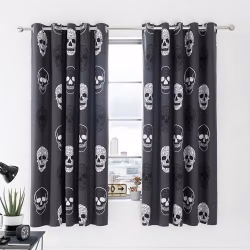 Catherine Lansfield Skulls Fully Reversible Eyelet Curtains, Grey, W: 168 cm, H: 183 cm