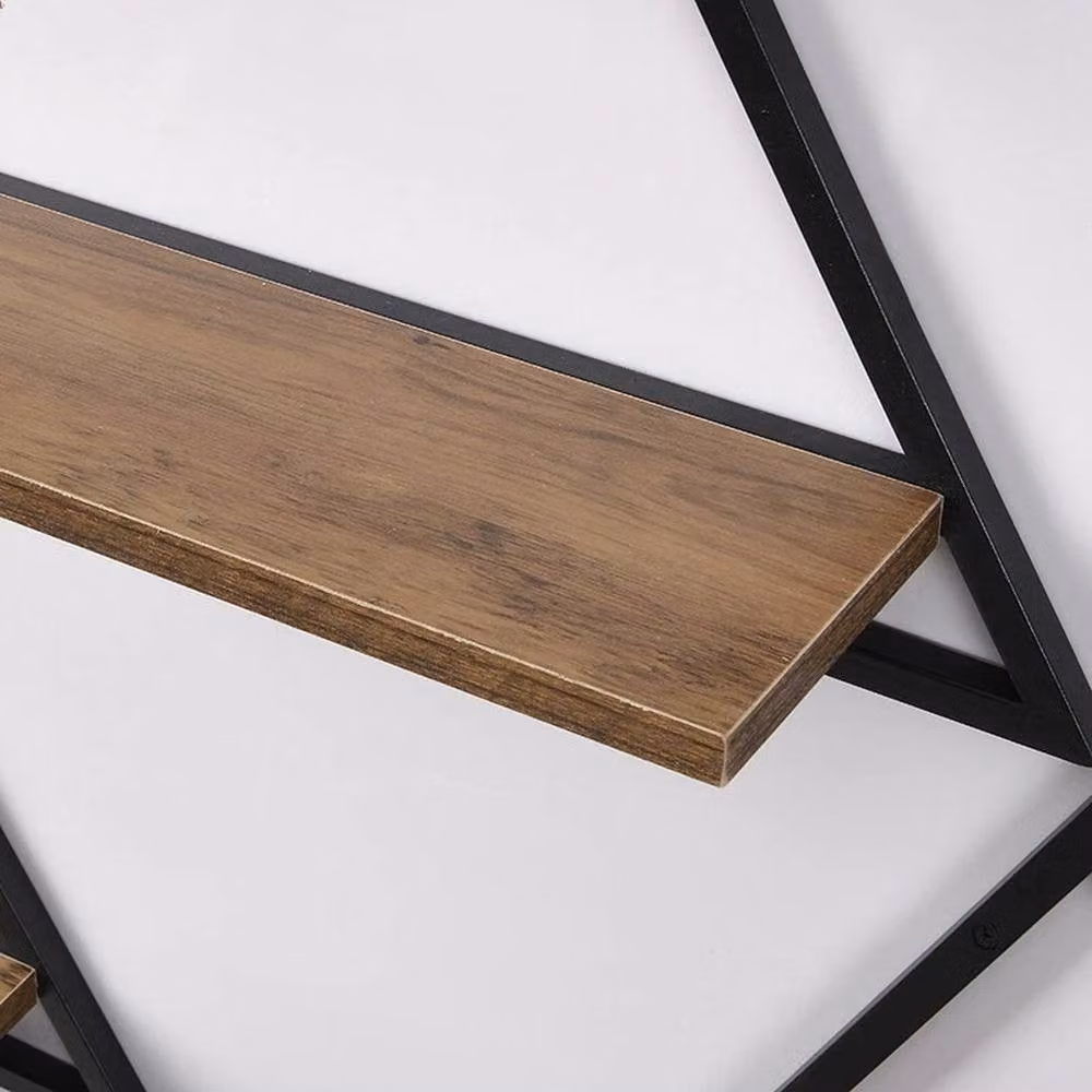 Kelvenix Set of 3 Triangle Floating Wall Mounted Shelves in Brown and Black MDF and Metal – 3