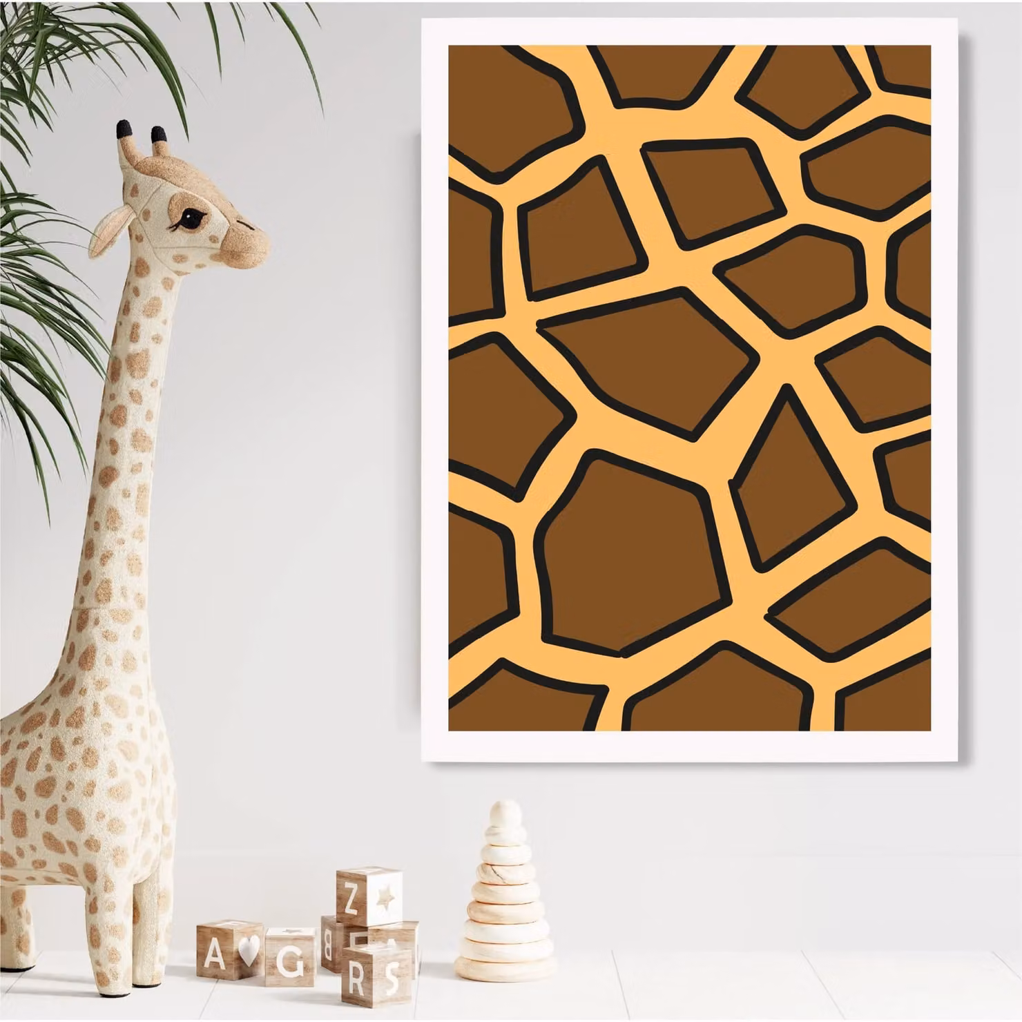 ARTZE Cute Cartoon Style Giraffe Print Illustration in a White and Brown Rectangular Frame – 2
