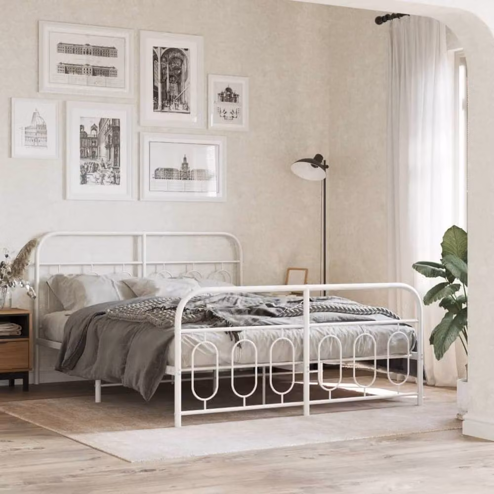 Berkfield Home Metal Bed Frame with Footboard, White, W: 140 cm, D: 200 cm – 2