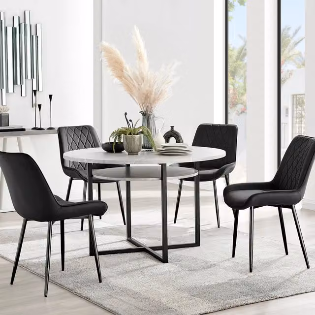 FurnitureboxUK Adley Grey Concrete Effect Round Dining Table and 4 Pesaro Black Leg Chairs Set