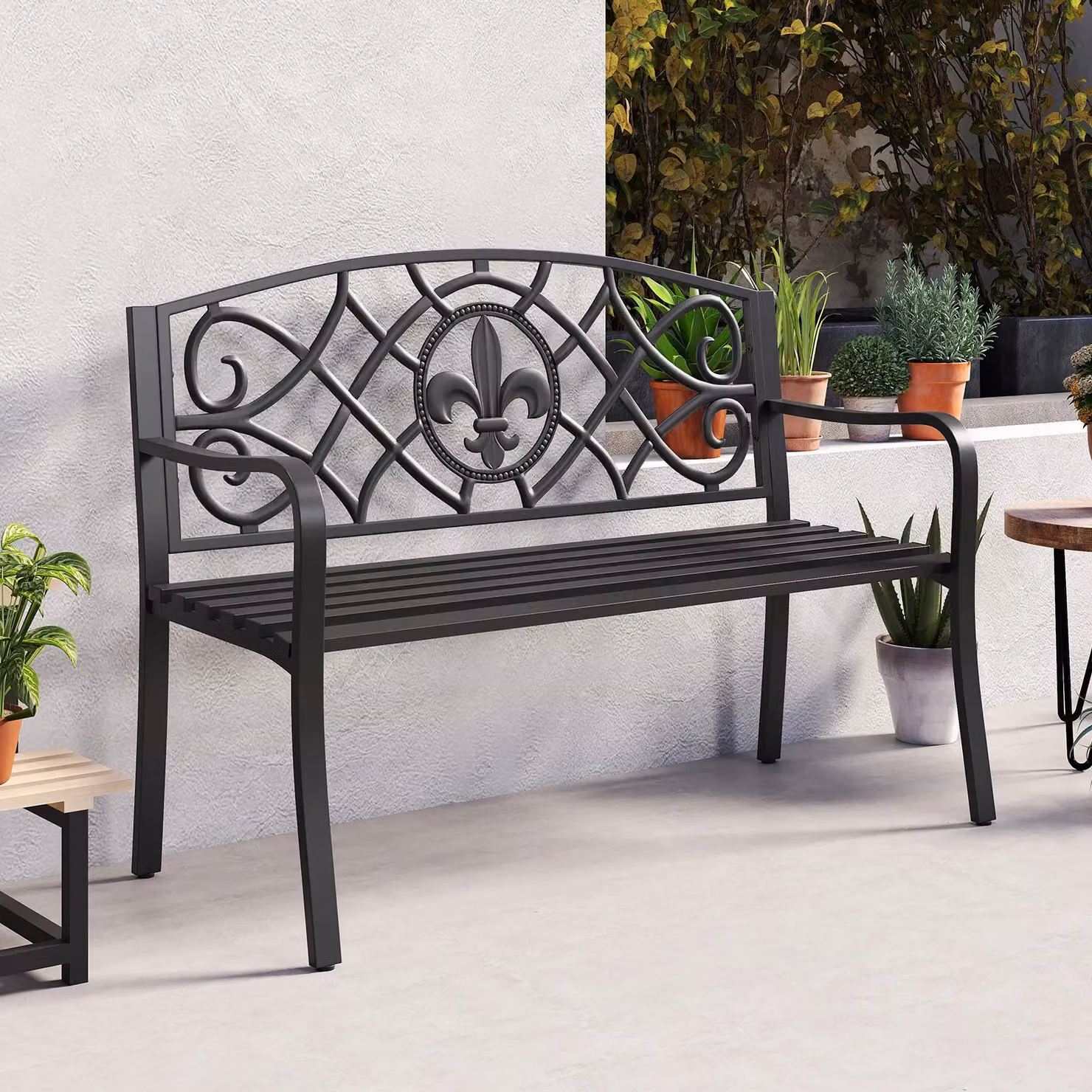 Costway Outdoor Garden Bench with Metal Slatted Seat and Cast Iron Backrest in Matt Black – 3