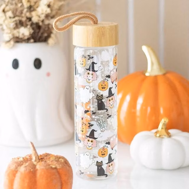 Uniqueful Groovy Ghost Print Glass Water Bottle, Multicolour, 550ml