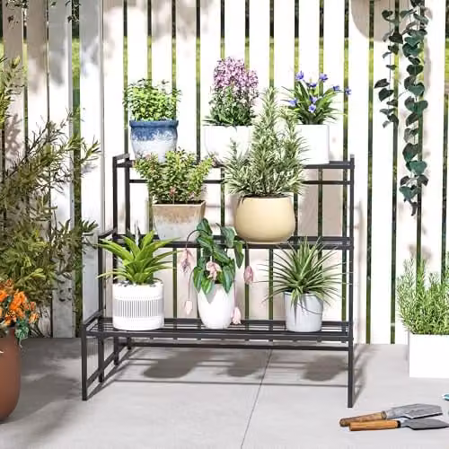 Outsunny 3-Tier Metal Ladder Plant Stand, Modern Freestanding Garden Shelf, Black, H 75 x W 70 x D 66 cm – 6