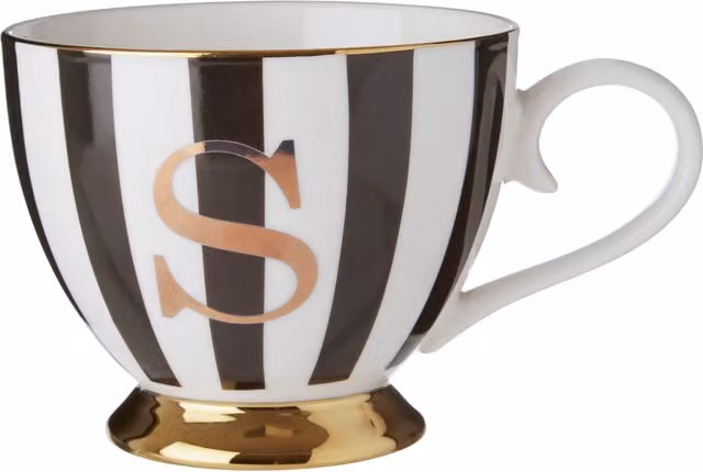 Orsina Duchess Striped Bone China Monogram Mug in Black, White and Gold