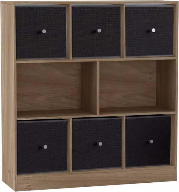 URBNLIVING 8 Cube Oak Bookcase with 6 Black Fabric Storage Drawers