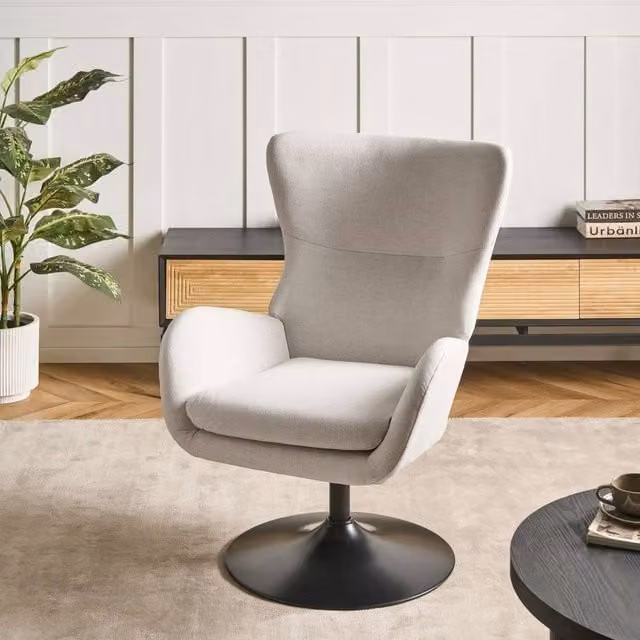 Wyld and Coco White Fabric Wingback Armchair with 360 Degree Swivel and Black Metal Base, W/D/H: 70 x 78 x 96 cm – 1