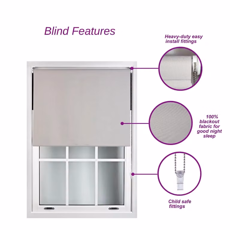 Blackout Roller Blinds with Metal Fittings and Chain, Thermal Insulating and UV Resistant, Black or Grey, Width: 75 cm, Height: 165 cm