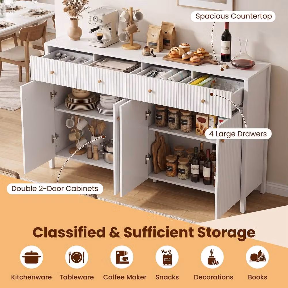 Costway Modern White Sideboard Buffet Cabinet with 4 Doors and 4 Drawers, Width: 160 cm – 4