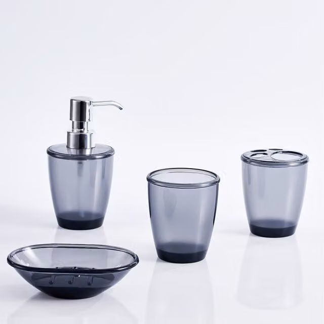 Innoteck Freestanding Acrylic Bathroom Set in Wine Red and Smokey Grey including Soap Dish, Tumbler, Soap Dispenser and Toothbrush Holder